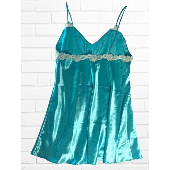 L.A. Intimates Blue Slip Dress Medium Flower Lace Satin - Picture 9 of 9